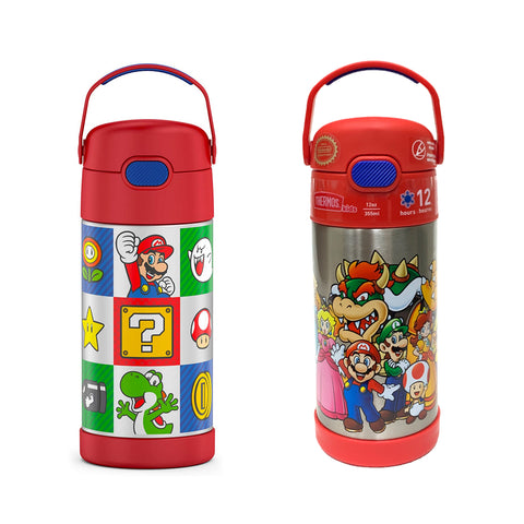 THERMOS FUNTAINER 12 Ounce Stainless Steel Vacuum Insulated Kids Straw  Bottle, Super Mario Brothers